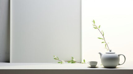  a white vase with a green plant in it next to a teapot and a cup on a white table.