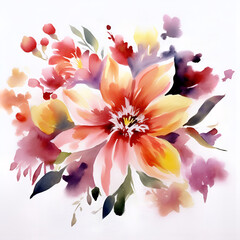 Painted vintage floral bouquet composition, watercolor isolated on white. Leaves and  colorful flowers
