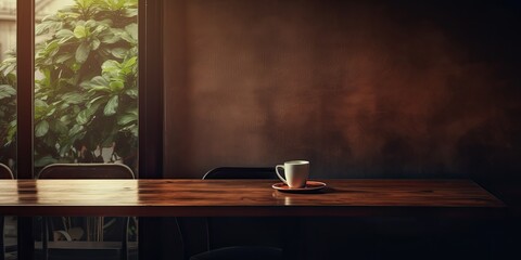 Product backdrop featuring a dim, hazy setting with an unoccupied table and cafe windows.