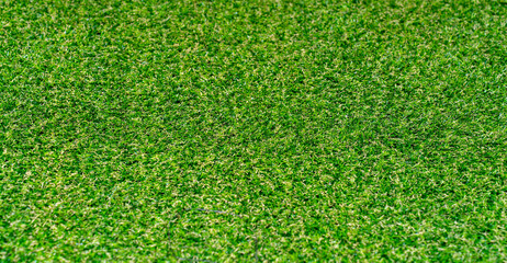 Top view of bright green grass background on artificial carpet in garden lawn or house yard outdoor. May be used for training football and soccer pitch