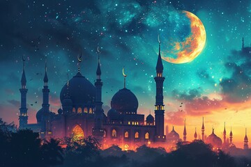 Mosque in the night sky with full moon. Ramadan Kareem background - obrazy, fototapety, plakaty