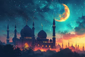 Tableaux ronds sur plexiglas Anti-reflet Vert bleu Mosque in the night sky with full moon. Ramadan Kareem background