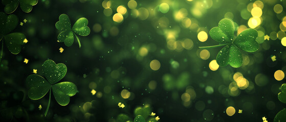 Saint Patrick's Day dark green and gold bokeh background with shamrock shapes. Concept for greeting cart, poster, banner, flyer, web pages. - obrazy, fototapety, plakaty