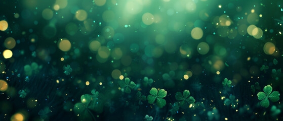 Saint Patrick's Day dark green and gold bokeh background with shamrock shapes. Concept for greeting cart, poster, banner, flyer, web pages. - obrazy, fototapety, plakaty