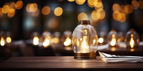 Product or customization showcased on a dark background with blurred lamps at an empty table in a cafe or restaurant with bokeh.