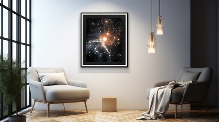  a living room with two chairs and a picture of a star cluster in the middle of the room on the wall.