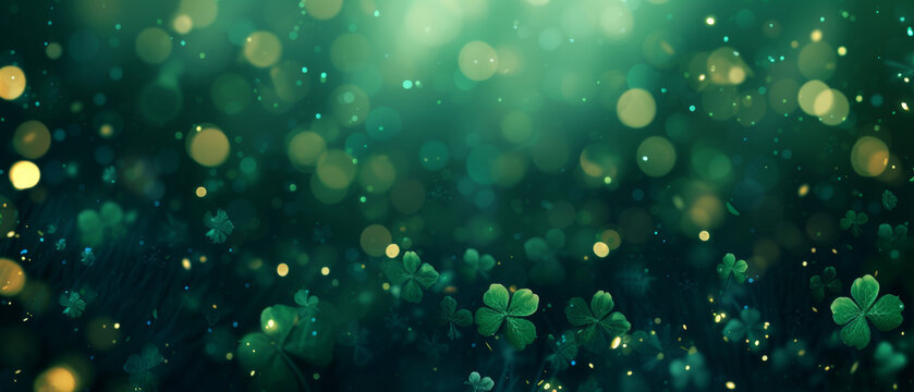 Saint Patrick's Day dark green and gold bokeh background with shamrock shapes. Concept for greeting cart, poster, banner, flyer, web pages.