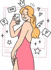 Woman photo model takes selfie in cocktail dress, standing among rating icons from social networks. Girl influencer smiles and takes selfie on mobile phone camera for avatar on dating site