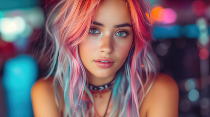 Young woman with vibrant multicolored hair and striking blue eyes.