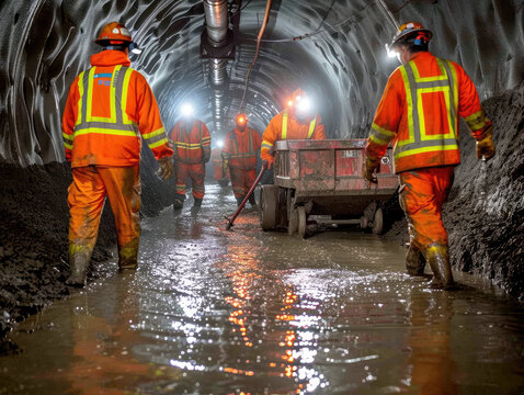 Workers in reflective gear push a cart through a waterlogged tunnel.