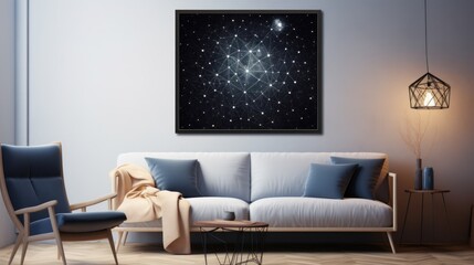  a living room with a couch, chair, table and a painting of a star cluster in the middle of the room.