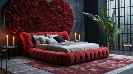 A stylish bedroom featuring a red heart-shaped wall decor and luxury beddings.