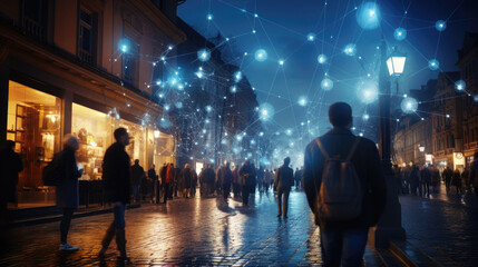 Dynamic crowd moving through streets adorned with mesmerizing glow of 5G internet lines