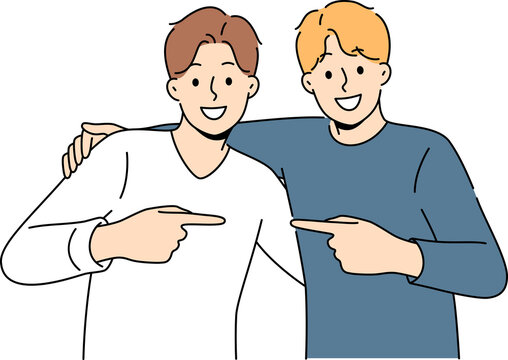 Two men friends hug and point finger towards buddy, rejoicing at long-awaited meeting
