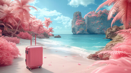 Fantasy pink beach with palm trees and suitcase.