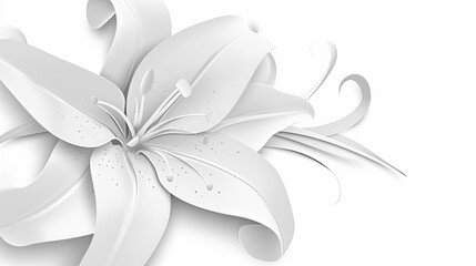 Lily all white  with shadows over white background. 3D illustration. Plaster wall effect.