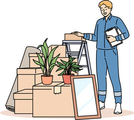 Man mover stands near pile of cardboard boxes advertising services of company that helps with moving