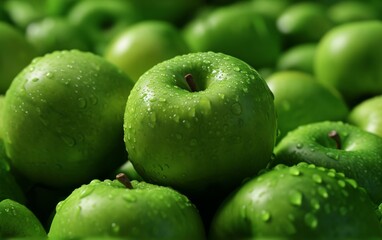 Fresh green apples with water drops close up.
