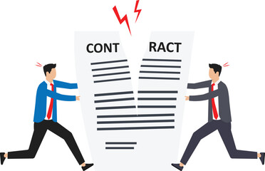 Two businessmen tear contract and business agreement in half. ending cooperation and relationships. conflict or misunderstanding and Angry men break documents.
