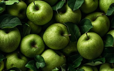 Fresh green apples with water drops close up.