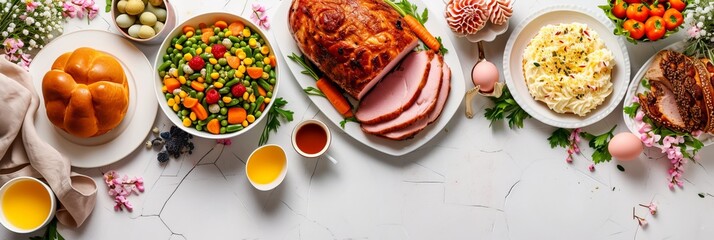Classic Easter ham dinner. Top view table scene on a white background. Ham, eggs, hot cross buns, carrot, cake and vegetables. Panorama with copy space. - obrazy, fototapety, plakaty