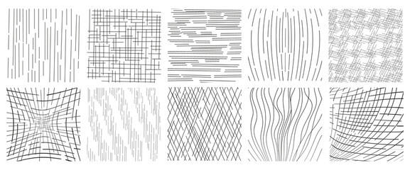 Hand drawn line textures. Includes vector scribbles,grid with irregular, horizontal and wavy strokes,doodle patterns. 