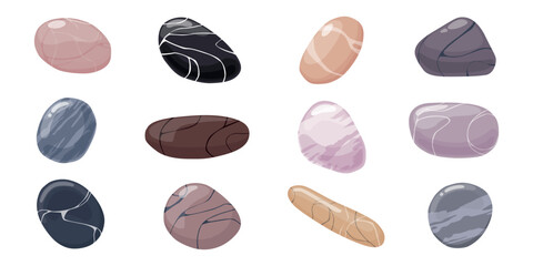 Set of natural stones in cartoon style. Vector illustration of beautiful stones with different designs and shapes isolated on white background. Marble stones in pastel shades.