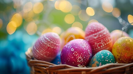 Fototapeta na wymiar Close up of colorful Easter eggs in a basket 