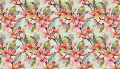 hand drawn vintage watercolor, sakura cherry blossom seamless pattern, vector graphic resources, 16:9 widescreen wallpaper / backdrop,