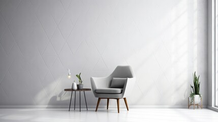  a chair sitting next to a table with a potted plant on it in a room with a white wall.