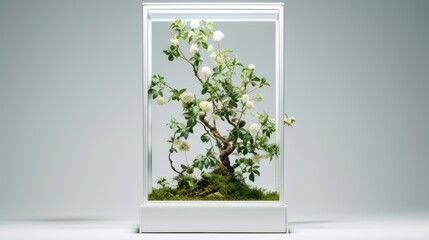  a bonsai tree with white flowers in a clear glass case on a white table with a light gray background.