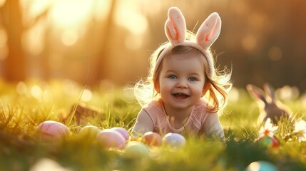 Cute little child girl wearing bunny ears on Easter day. Girl hunts for Easter eggs on the lawn. Girl with Easter eggs and bunny in the rays of the setting sun. - obrazy, fototapety, plakaty