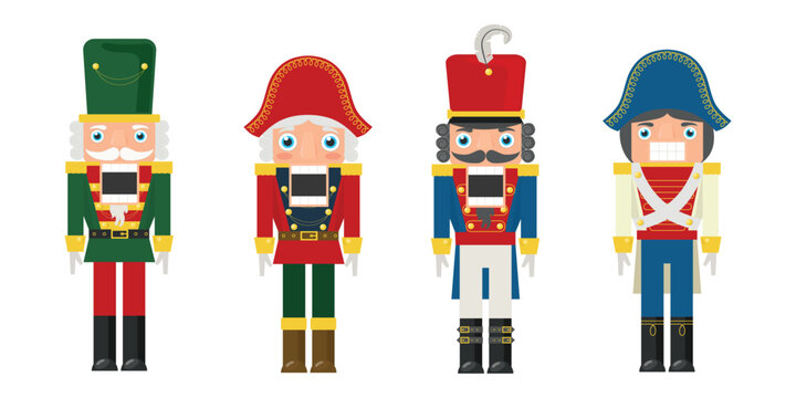 Set of Christmas fairy-tale nutcracker characters in cartoon style. Vector illustration of beautiful nutcracker soldiers in different costumes isolated on white background.