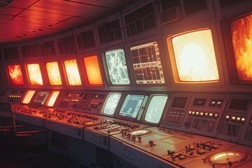 Vintage spaceship control room with monitors. Retro space travel and exploration concept. Science fiction command center. Design for banner, poster, wallpaper. Nostalgic space technology