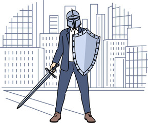 Business man with knight shield preparing for battle, concept corporate wars between competitors