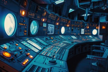 Futuristic spaceship control room. Space travel and exploration concept. Sci-fi spacecraft interior design. Design for banner, poster. Command center. - Powered by Adobe