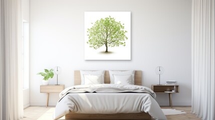 Fototapeta na wymiar a picture of a bedroom with a bed and a green tree on the wall above the bed is a picture of a green tree on the wall above the bed.