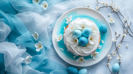 Easter cake decorated with sugar flower and blue colored eggs on a plate on white and blue cloth background with copy space. Eggs were colored blue with a hibiscus decoction. Flat lay, top view