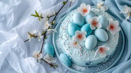 Easter cake decorated with sugar flower and blue colored eggs on a plate on white and blue cloth background with copy space. Eggs were colored blue with a hibiscus decoction. Flat lay, top view
