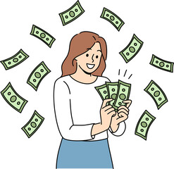 Woman with money banknotes rejoices at receiving high income for work performed or services provided