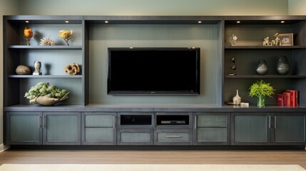 A modular wall for the living room for convenient placement of TV and music center. Open cabinets in a gray-green shade with lighting. Functional living room furniture