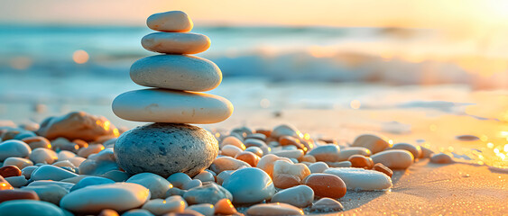 Stones placed in Zen style on the beach. Concept of relaxation and tranquility - obrazy, fototapety, plakaty