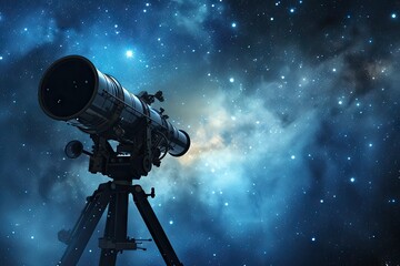 Telescope pointed at starry sky. Astronomy research and exploration concept. Design for banner, poster with copy space. Observational astronomy 