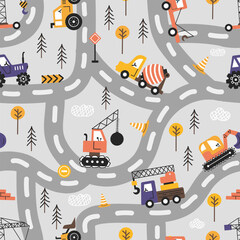 Seamless pattern with cute cars. Excavator, bulldozer, tractor. Diggers driving on the road. Children's hand drawn pattern in Scandinavian style. Vector pattern with cars for fabric, textile, banner © Hanna Bykova