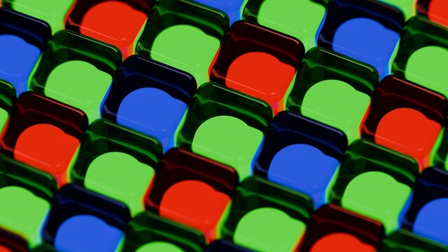 Digital camera matrix - super close up - RGB red green blue pixels light photo diode silicon sensor. Photosite matrix array.