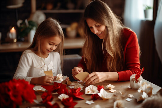 Mom and daughter making a paper craft at home, in red and white clothes,