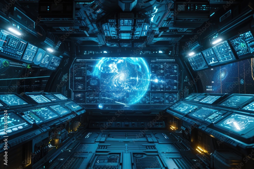 Poster command center of a spaceship with holographic earth display. space navigation and technology concep