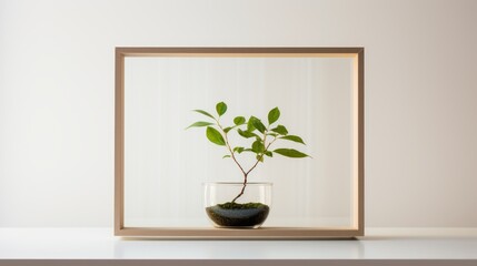  a potted plant in a glass vase with a wooden frame on a white table with a striped wall in the background.