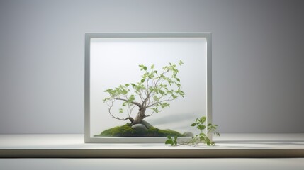  a picture of a tree in a frame with a plant growing out of the bottom of the frame on a table.
