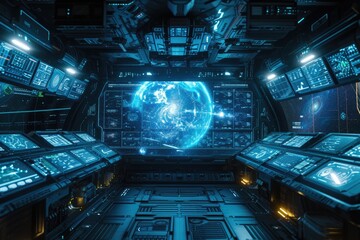 Command center of a spaceship with holographic Earth display. Space navigation and technology concept. Science fiction interior. Design for banner, poster. Futuristic spacecraft control room